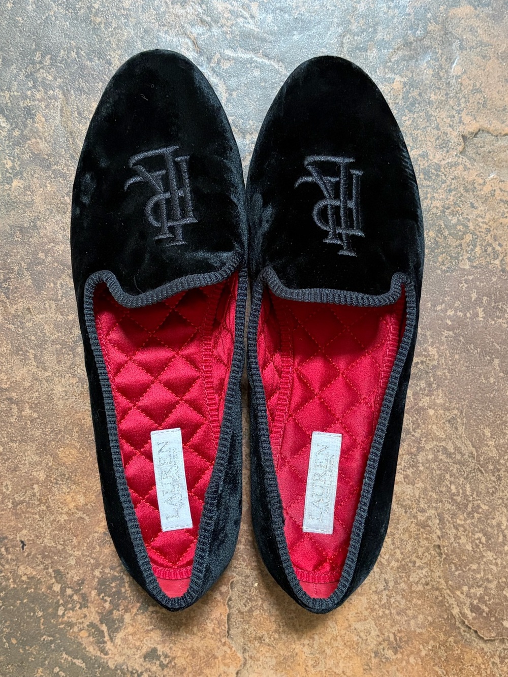 Lauren Ralph Lauren Black Velvet Slipper Loafers with Embroidered Monogram- 9B